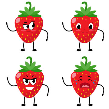 Vector Illustration Pleasant Strawberry Cute Expression Emotion Collection Collection Set Isolated on White Background, Minimal Style, Fresh Fruit Raw Materials, Mascot Product Stock Illustration