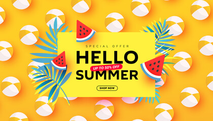 Summer sale vector illustration with tropical leaves,beach accessories, ripe watermelon slices pattern background. Promotion banner for website, flyer and poster. Vector illustration