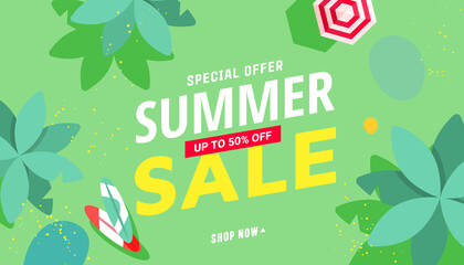 Summer sale vector illustration with tropical beach accessories, palm trees pattern background. Promotion banner for website, flyer and poster. Vector illustration