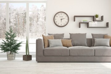 White living room with sofa and winter landscape in window. Scandinavian interior design. 3D illustration