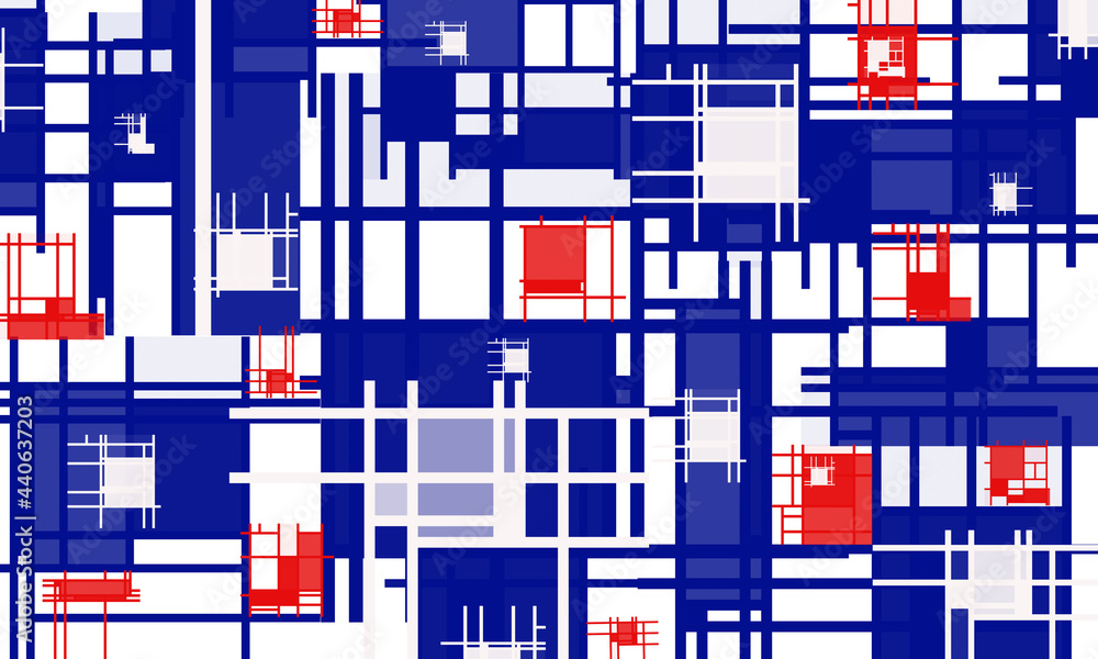 Poster blue squares and rectangles connected by lines on a white background