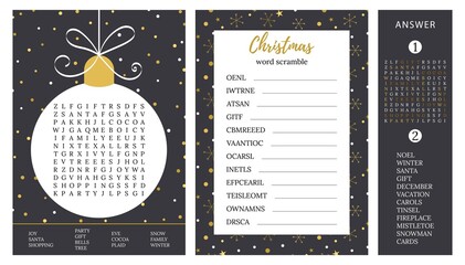Christmas games. Word search puzzle, word scramble. Logic games for adults and teenagers.   Activities ideas supplies  