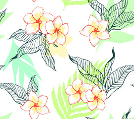 Tropical leaves and flowers pastel colors pattern design green seamless