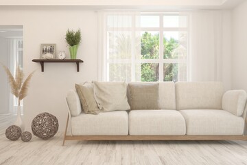 White living room with sofa and summer landscape in window. Scandinavian interior design. 3D illustration