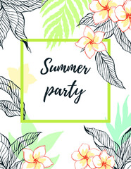 Design template with tropical leaves and flowers flyer summer
