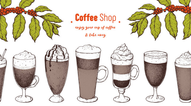 Coffee cups, beans and coffee tree illustration. Vintage design for coffee shop. Engraved vector illustration.