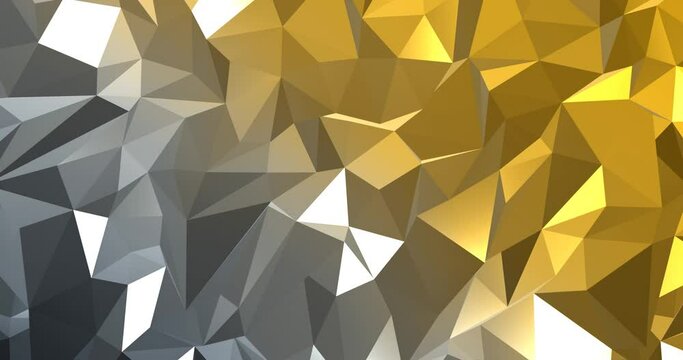 Polygonal crystals with gold and gray gradient. Geometric 3d polygons render trendy yellow and metallic colors. Futuristic wave abstract mountains with triangular patterns.