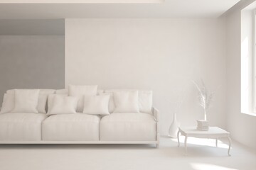 White minimalist living room with sofa. Scandinavian interior design. 3D illustration