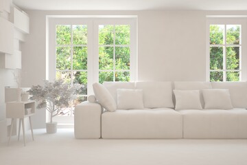 Fototapeta premium Mock up of stylish room in white color with sofa and green landscape in window. Scandinavian interior design. 3D illustration