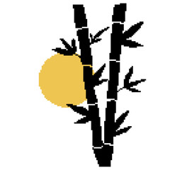 Card with bamboo and sun. Pixel bamboo. Pixel background. Pixel art 8 bit vector