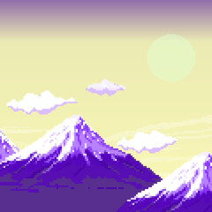Pixel mountain. Pixel background. Pixel art 8 bit.