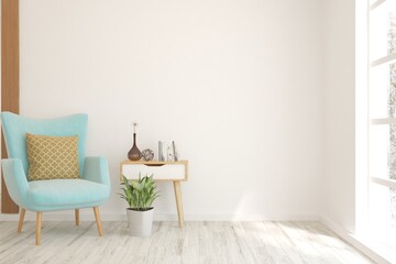 White living room with armchair. Scandinavian interior design. 3D illustration