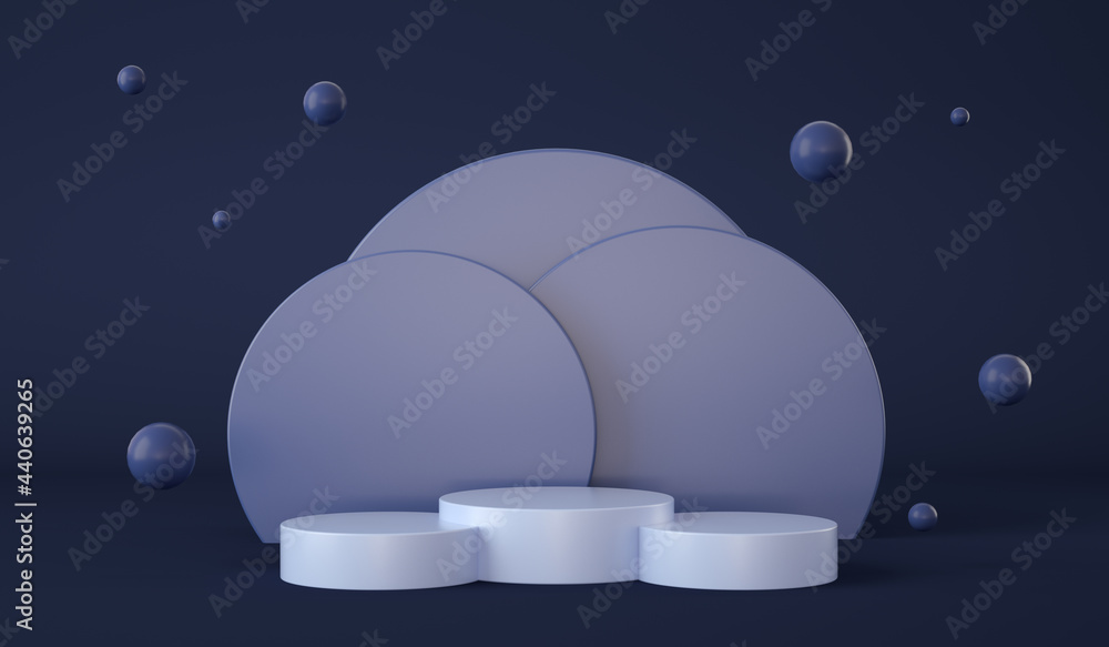 Poster empty blue podium with circles at background and spheres floating. product presentation. 3d render