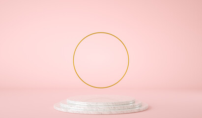 Empty platform for product presentation with golden ring. 3d render