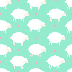 Sheep and hearts. Seamless pattern on a light green background.