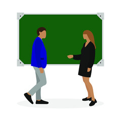 Female character and male character are standing near the school blackboard on a white background