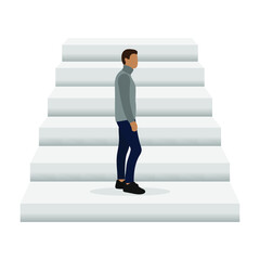 Male character standing on the bottom rung of a ladder on a white background