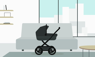 A baby stroller stands in a room with a panoramic window, sofa, table and bookshelves