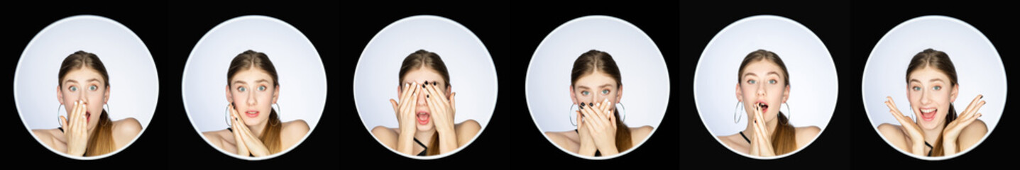 Surprised face collage. Emotion collection. Portrait panorama. Shocked scared impressed woman...