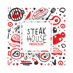 Steak House Banner Template with Hand Drawn Meat Products Seamless Pattern Vector Illustration