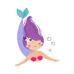 Mermaid with Purple Hair Floating Underwater Vector Illustration