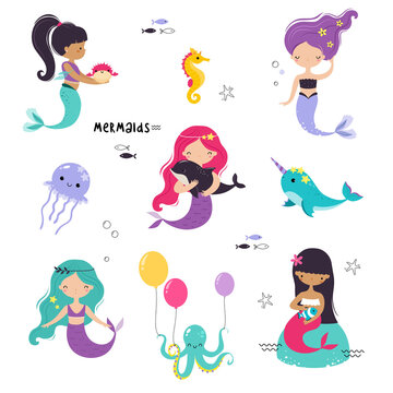 Mermaid and Sea Animals Floating Underwater Vector Set