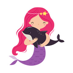 Mermaid with Pink Hair Floating Underwater with Dolphin Vector Illustration