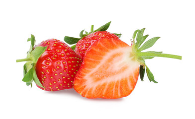 Strawberries whole and cut isolated on a white background