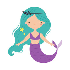 Mermaid with Turquois Hair Floating Underwater Vector Illustration