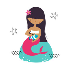 Mermaid with Black Hair Sitting on Boulder Vector Illustration