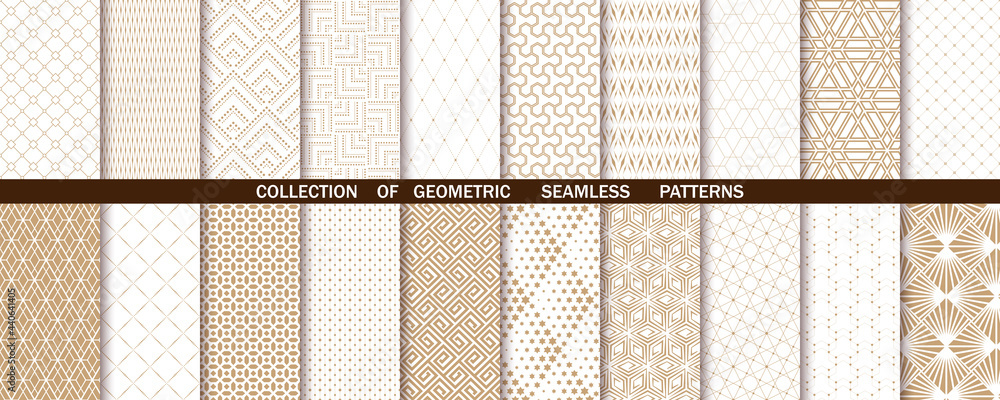 Poster geometric set of seamless gold and white patterns. simple vector graphics