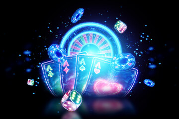 Creative casino background, neon playing cards, roulette, dice on a dark background. Leaflet. Concept for gambling, poker, header for the site. Copy space. 3D illustration, 3D rendering