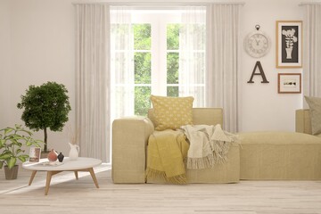 Minimalist living room in white color with sofa and summer landscape in window. Scandinavian interior design. 3D illustration