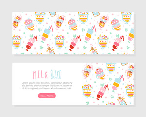 Milkshake Landing Page Template, Healthy Ice Cream Drinks and Fresh Milk Beverages Website Interface Vector Illustration