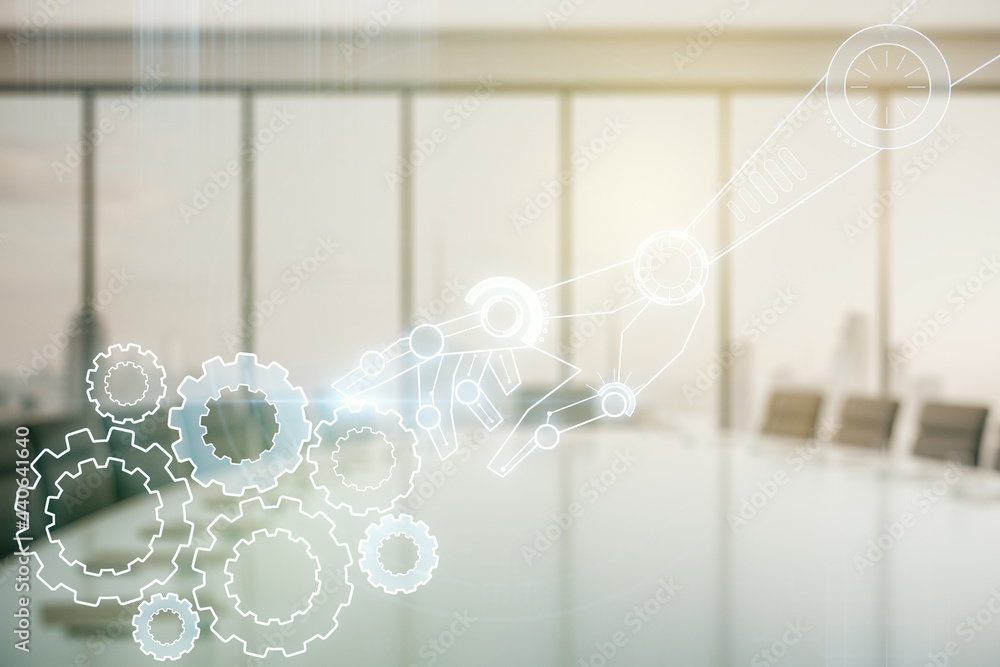 Poster double exposure of abstract virtual robotics technology hologram on a modern meeting room background