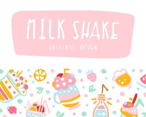 Milkshakes Banner, Delicious Healthy Ice Cream Drinks and Fresh Milk Beverages Seamless Pattern Vector Illustration