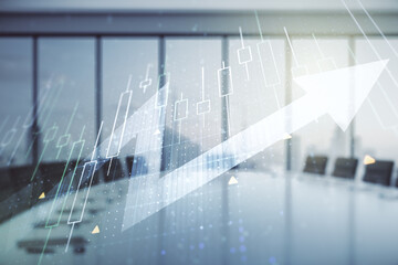 Fototapeta premium Abstract creative financial diagram and upward arrow hologram on a modern boardroom background, growth and development concept