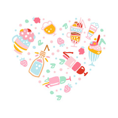 Delicious Milkshakes and Smoothies Banner with Tasty Desserts Seamless Pattern of Heart Shape Vector Illustration