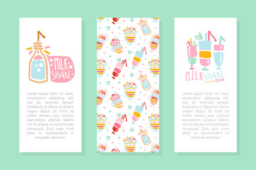 Milkshake Card Templates Set, Healthy Ice Cream Drinks and Fresh Milk Beverages Brochure, Flyer, Poster, Banner with Space for Text Vector Illustration