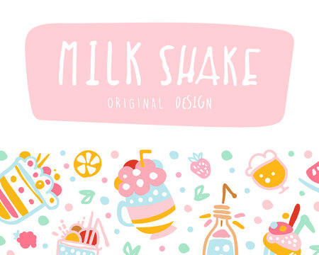 Milkshakes Banner, Delicious Healthy Ice Cream Drinks and Fresh Milk Beverages Seamless Pattern Vector Illustration