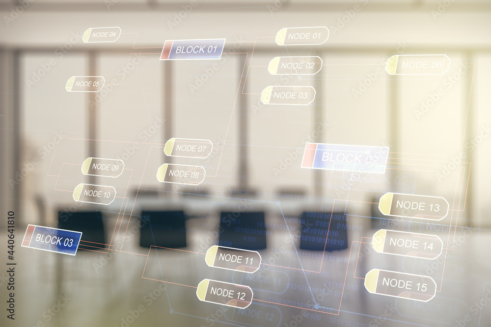 Poster double exposure of abstract creative programming illustration on a modern boardroom background, big 