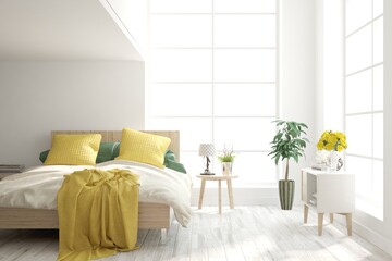 Soft color bedroom interior. Scandinavian design. 3D illustration