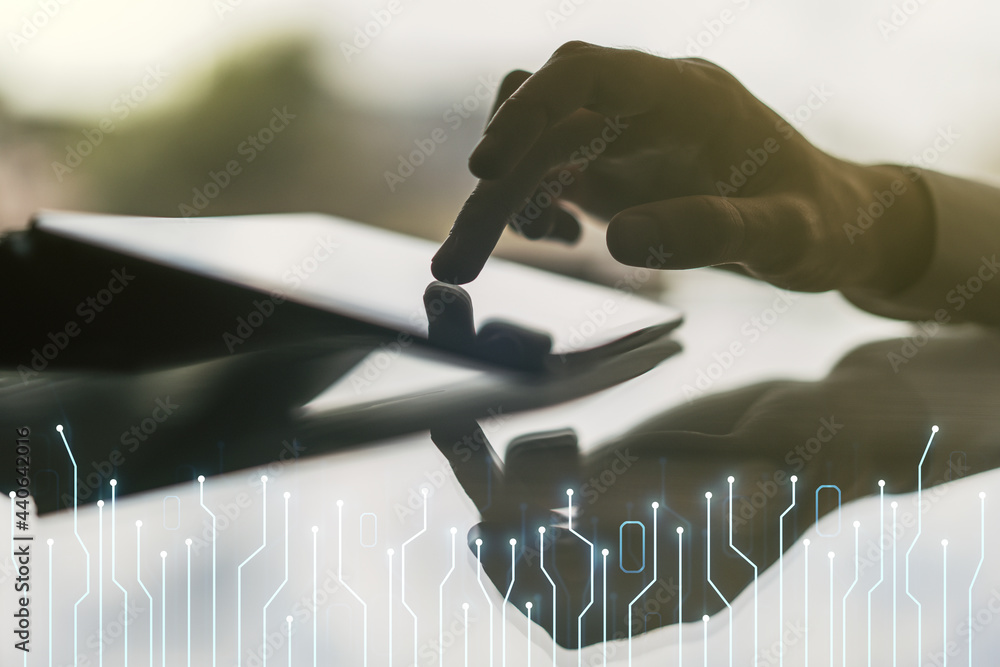 Aufkleber double exposure of circuit hologram and finger clicks on a digital tablet on background. research an