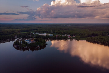 Sunset over the lake. Vvedensky Monastery. Pokrov. Vladimir region. Russia