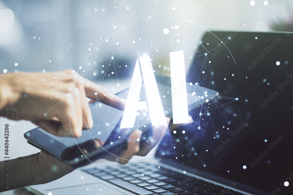 Aufkleber creative artificial intelligence symbol concept with finger clicks on a digital tablet on background