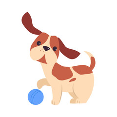 Adorable Puppy Dog Playing Ball, Happy Pet Animal with White and Brown Coat Cartoon Vector Illustration