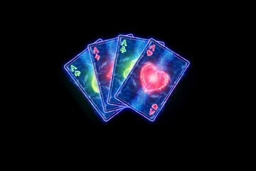 Neon playing cards for poker, four aces on a dark background. Design template. Casino concept, gambling, header for the site. Copy space, 3D illustration, 3D render