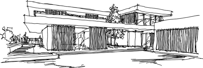 hand drawn architectural sketches of modern two story detached house with flat roof and people around