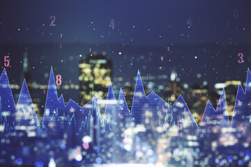 Multi exposure of abstract statistics data hologram interface on blurry office buildings background, computing and analytics concept