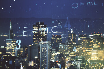 Scientific formula illustration on San Francisco cityscape background, science and research...